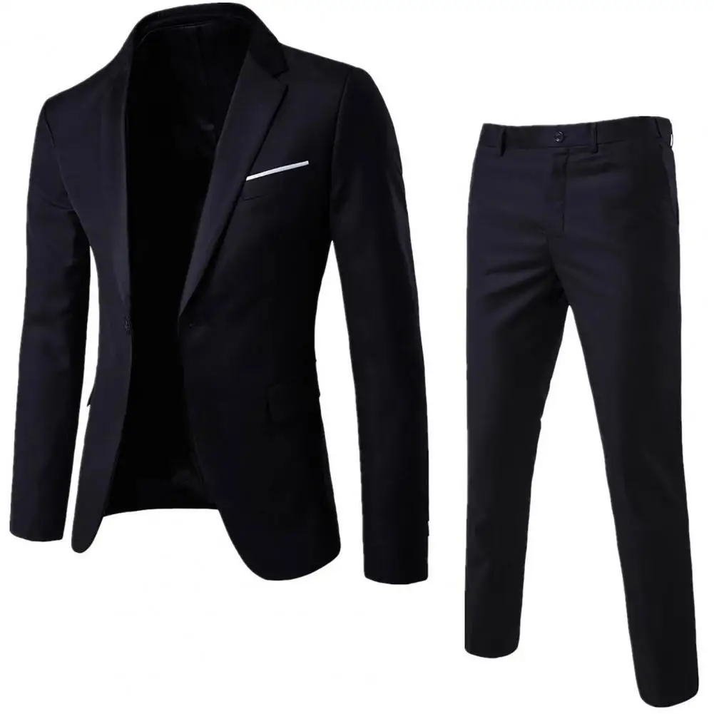 Men Blazer Pants Set Slim Fit Turndown Collar One Button Pockets Suit Set Formal Suit Business Suit Lapel Groom Wedding Blazers