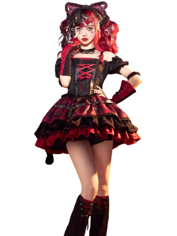 Japanese Gothic Lolita Dress Women Kawaii Bow Demon Lace Red Dress Short Sleeve Princess Dress Halloween Costume Gift For Girls