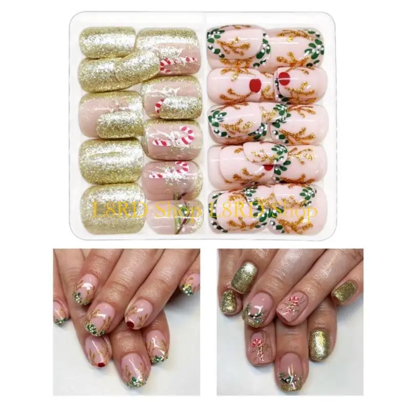 L8RD 48 Pcs Candy Cane Full Cover on Glittering False Short Square Press On Artificial