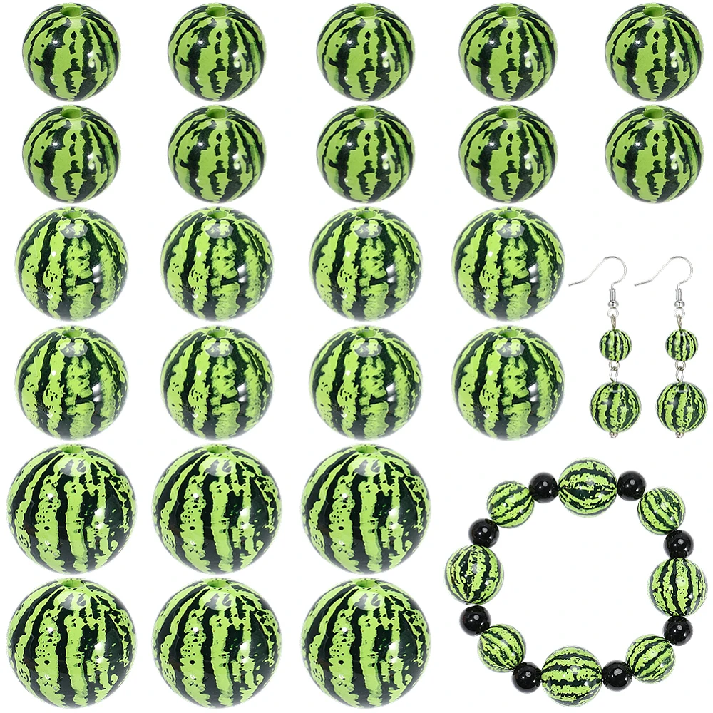 30PCS 3D Watermelon Beads Acrylic Opaque Round Ball Green Summer Plastic Fruit Paint Bubblegum Chunky Cute Spacer Bead Bulk