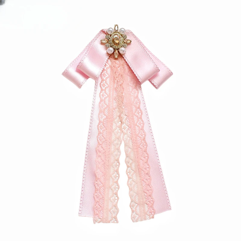 Koreanische Stoff Bogen Broschen für Frauen Rosa Spitze Solide Kristall Perle Kragen Pins College Stil Mode Schmuck Abzeichen Zubehör – Detail 6