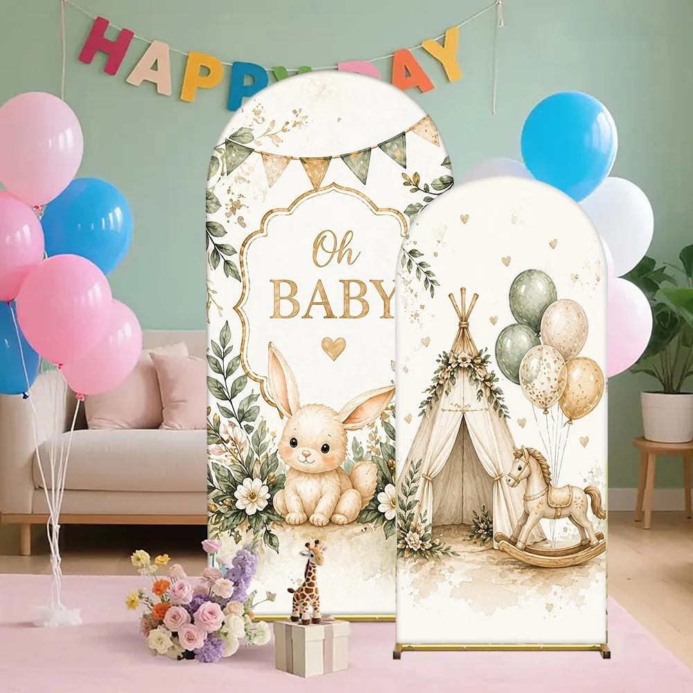 Oh Baby Teddy Bear And Bunny Backdrop Boho Greenery Newborn Baby Shower Background Balloons Wild Camping Arched Wall Cover