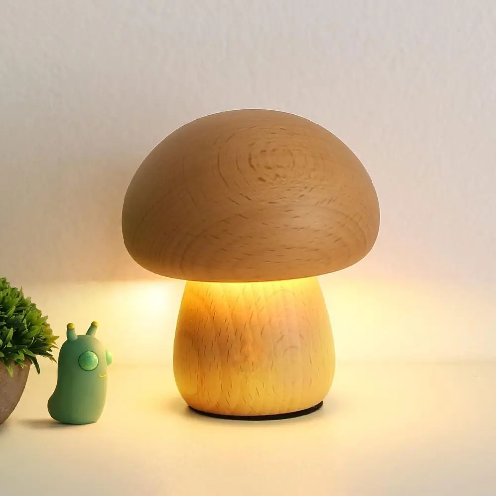 Wooden Mushroom Night Light com Touch Switch, Lâmpadas para dormir para o quarto, Sala de madeira