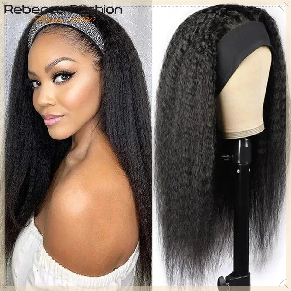 

22Inches Thick Kinky Straight Headband Wigs 100% Human Hair Glueless Yaki Straight Headband Wigs Full Machine Made Wig For Women