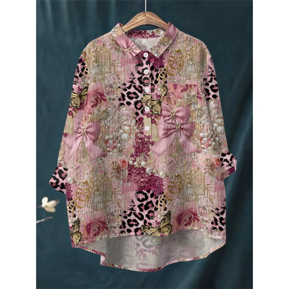 Blue White Floral Print Shirt Women's Long Sleeve Half Button Down Blouse with Asymmetrical Hem Soft Breathable Loose Fit Tops