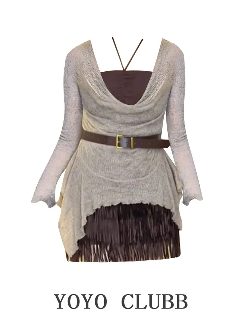 

Korean Style Large Size Fashion Set Women's Neck Hanging Vest Base Layer Inner Wear Two-Piece Suit Casual Autumn Wear