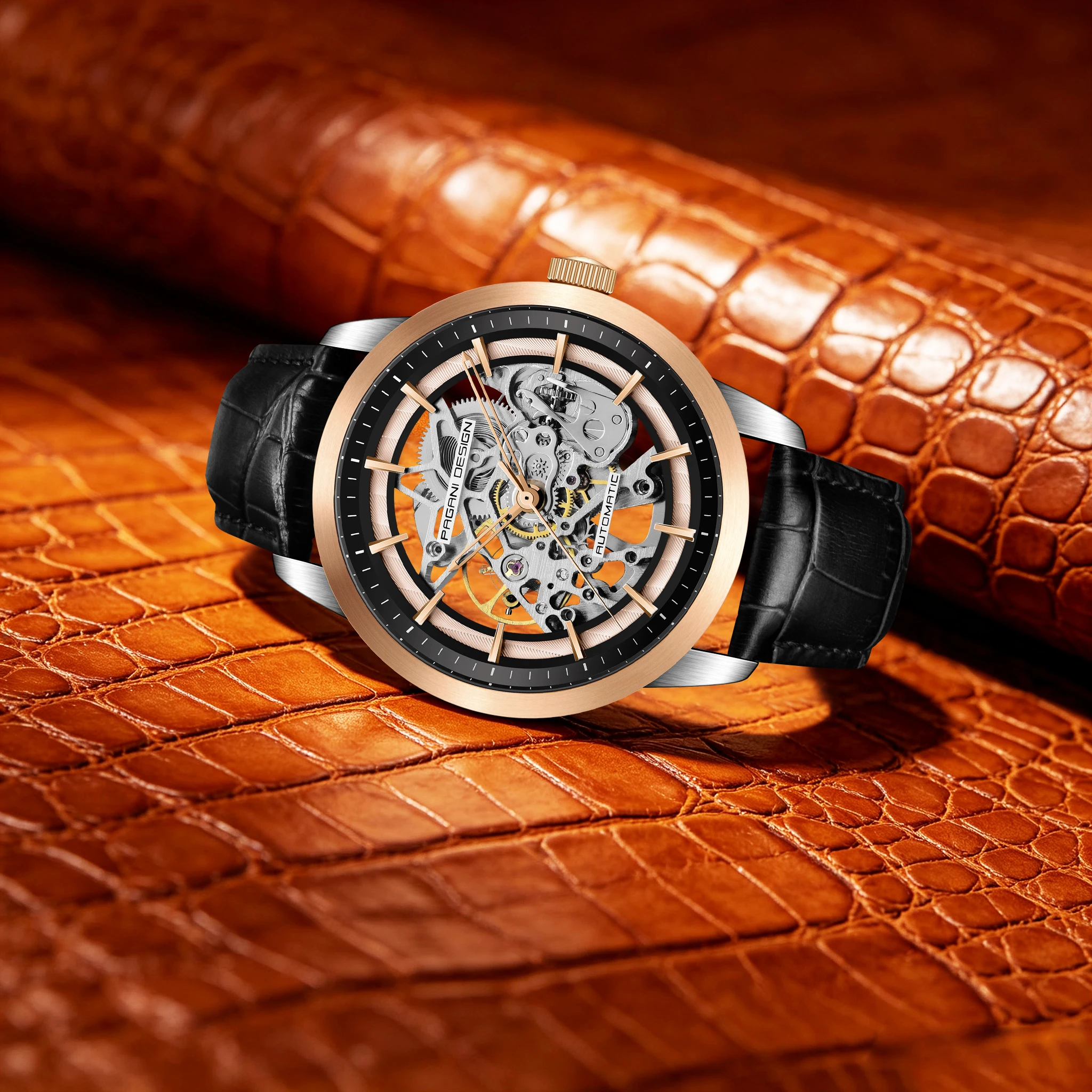 PAGANI DESIGN Hot Sale Men Skeleton Automatic Mechanical Watch Luxury Hollow Leather Waterproof Business Man Watch With Gift Box
