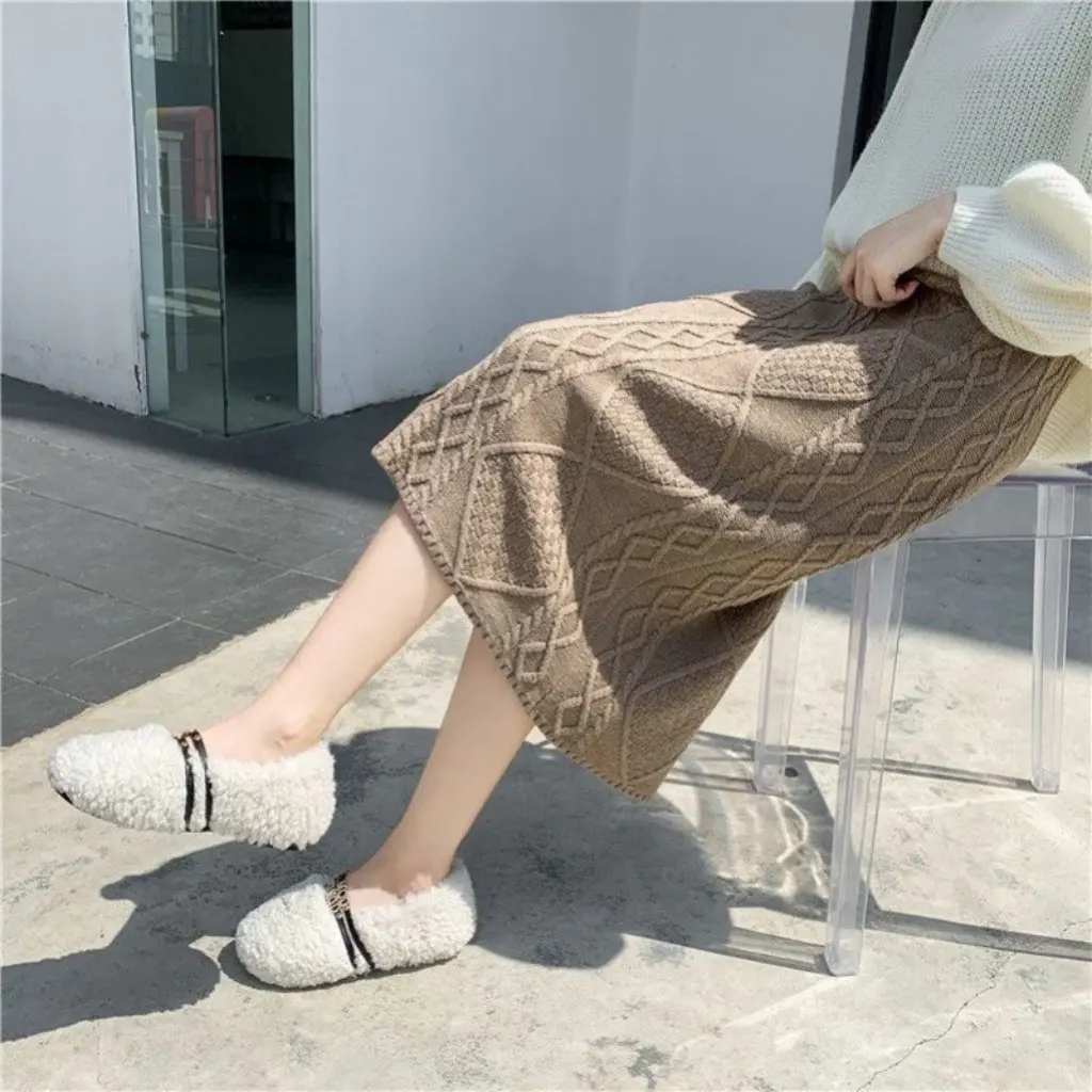

Women's Twist Knitted Skirt High Waist Slimming Thickened Mid-Length Wool Straight Hip Skirt for Autumn