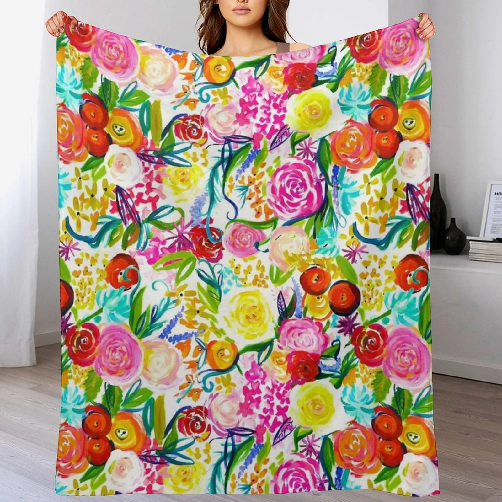 Painted Floral Painting in Bright Spring Colors Throw Blanket Single Cute Blankets