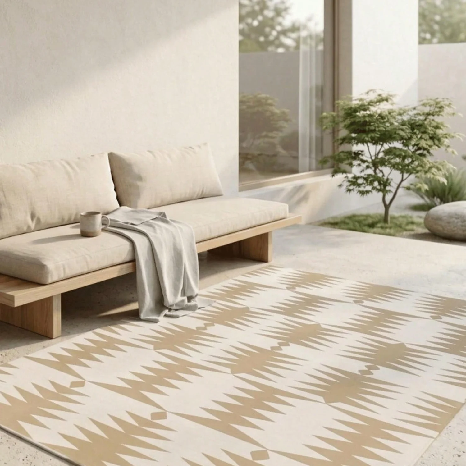 Beige Outdoor Rug, Geometric Pattern, Neutral Tones, Patio Rug, Modern Bohemian Style Deck Rug, Large Nordic Style Rug.