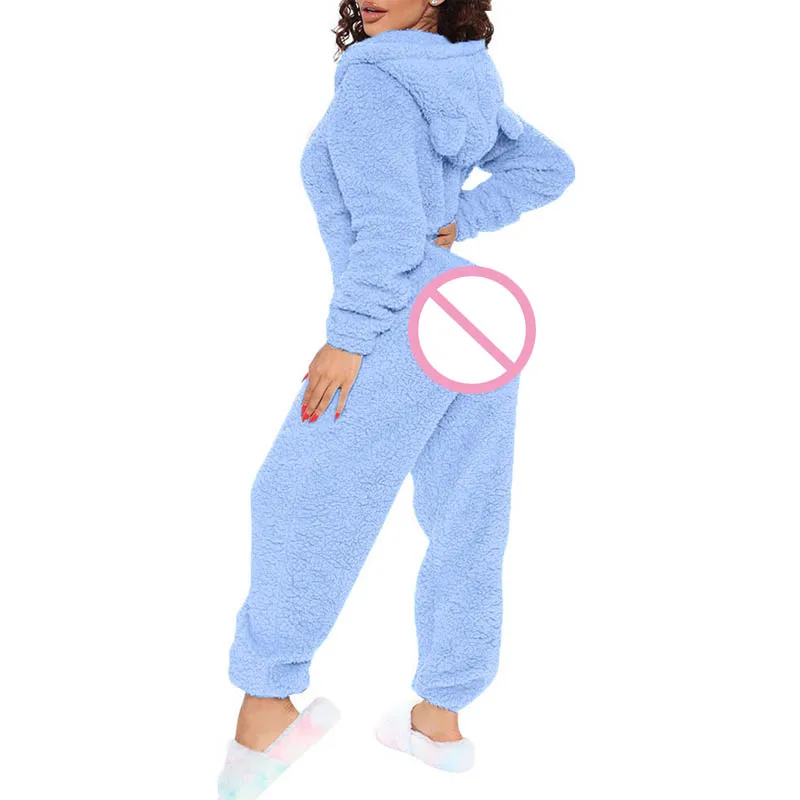 Sexy Opening Winter Pajamas Women Coral Fleece Onesies Homewear Pijama Thickened Velvet Warm Plush Pajamas Hooded Jumpsuits