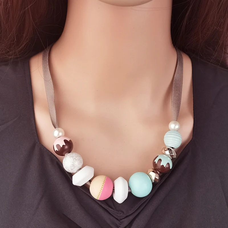 Handmade Necklace with Macaron Colors Wooden Bead  Pendant and Satin Ribbon Chain for Women Jewelry