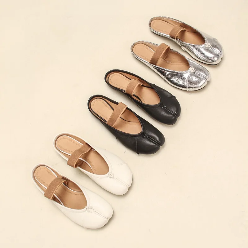 

2024 autumn new women's shoes sheepskin shallow mouth split toe fold loop with flat head casual slippers