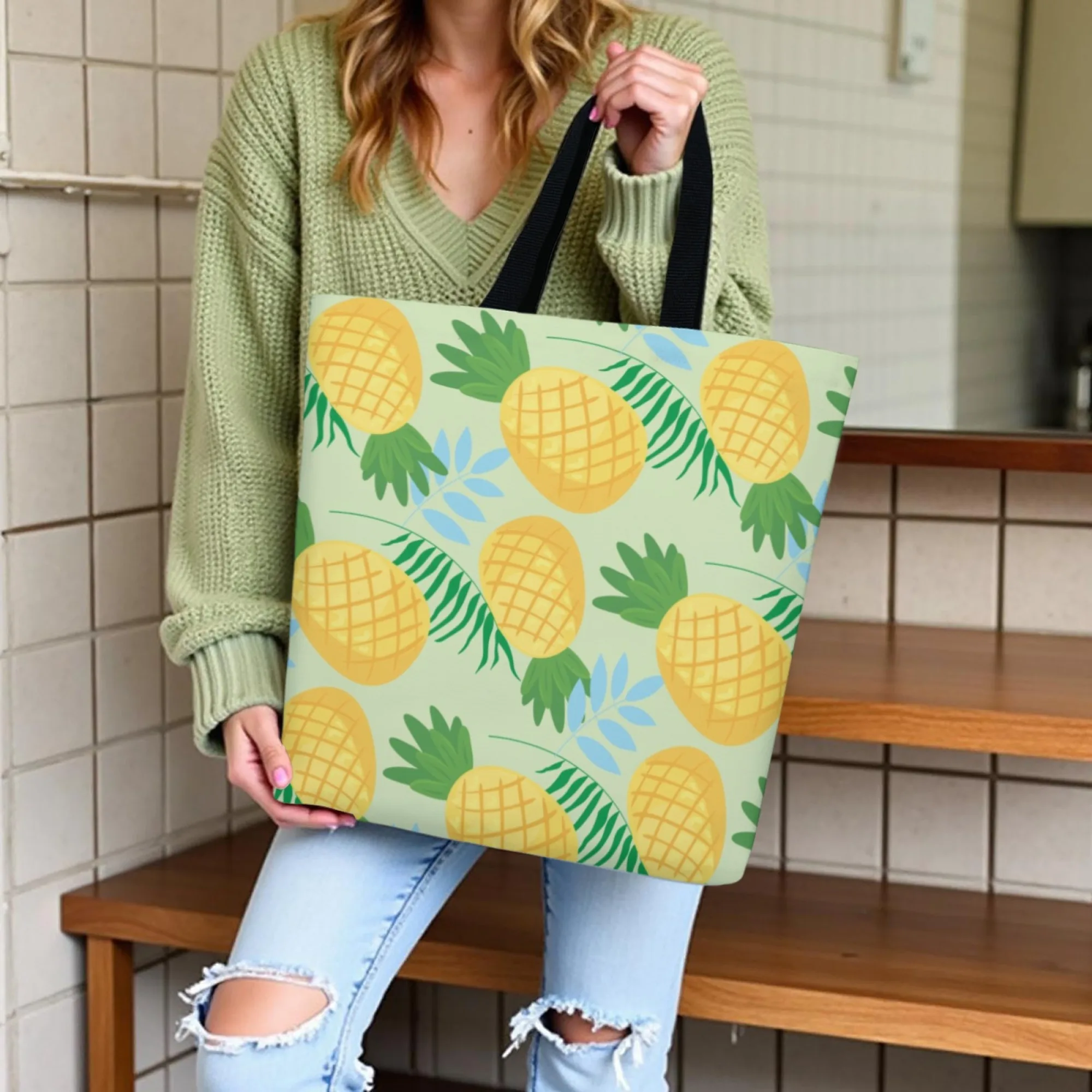Korean Tropical Trend Canvas Tote Women Bag Light Green Pineapple Print Fashion Reusable Handbag Perfect for Daily Commute