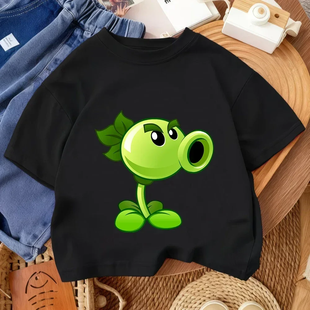 Summer Crew Neck T Shirt For Boys Girls Casual Daily Wear Plants Vs Zombies Cute Kawaii Cartoon Fashion Street Style 3-14Y