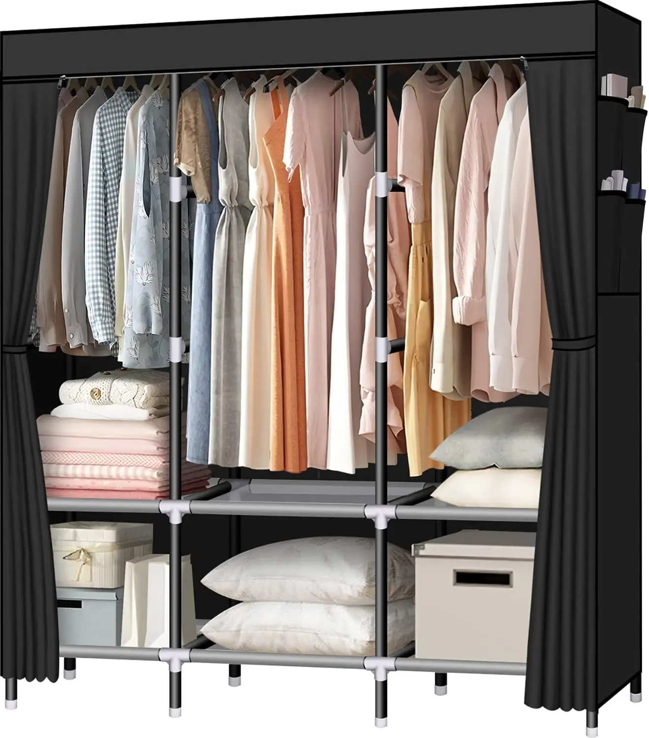 

61-Inch Portable Wardrobe with 3 Hanging Rods, 6 Shelves, and Side Pockets - Easy Assembly Black Closet