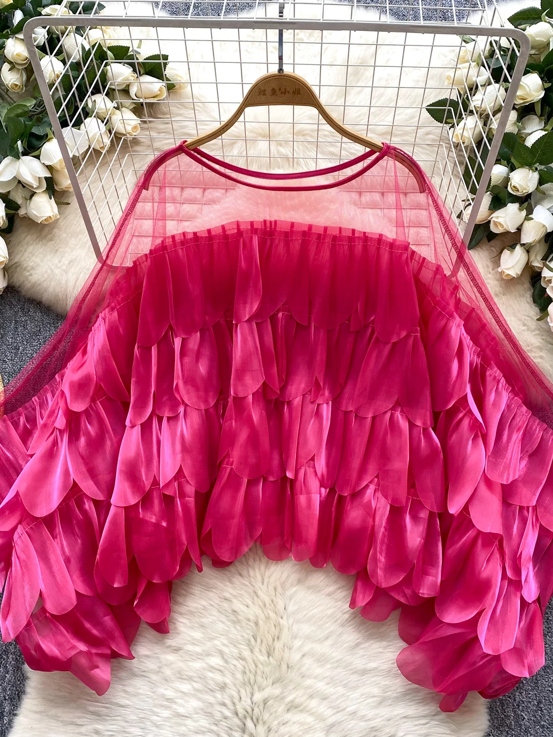 

2026 New Autumn Women Light Luxury Style O-neck Long Sleeve Shirt Multi Layer Ruffles Mesh Patchwork Loose Shirt Tops