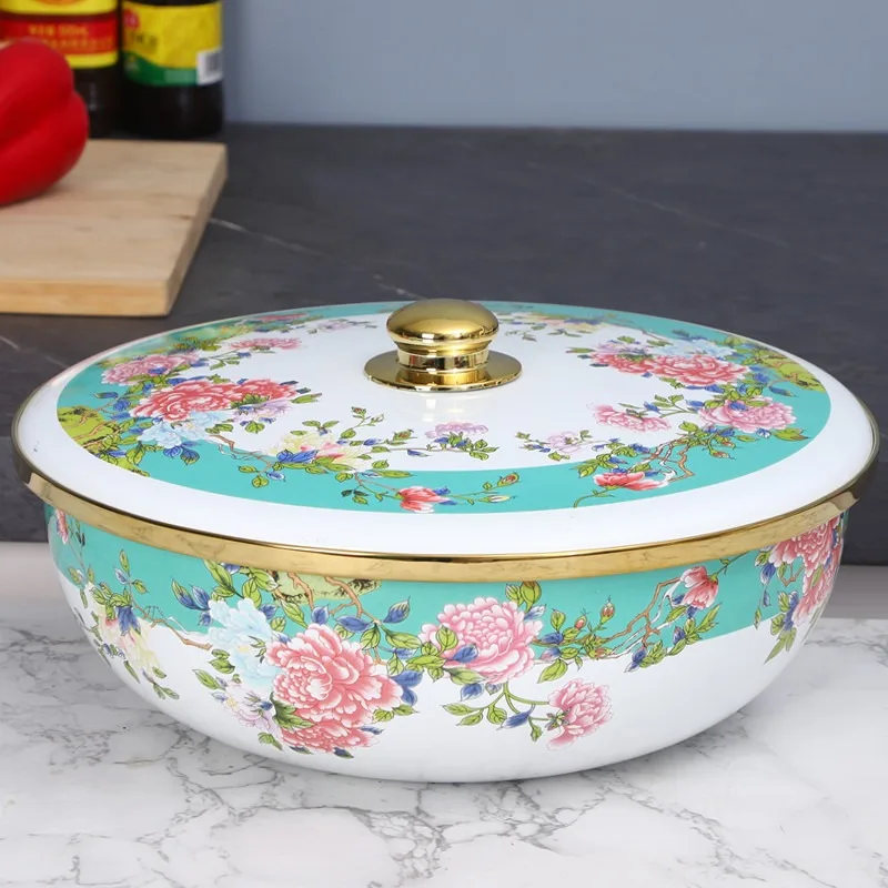 Nordic Enamel Basins with Lid Enamel Bowls Enamel Basins Covered Kitchen Retro Printed Lidded Bowls Large Capacity Kitchen Bowls