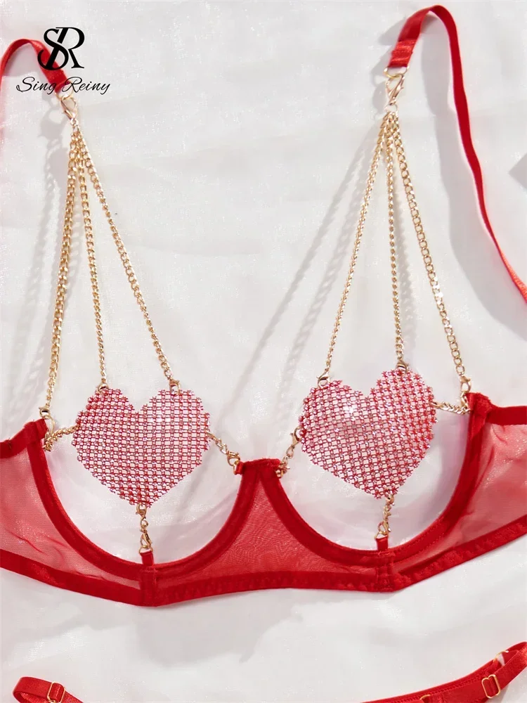 SINGREINY Hollow Out Spliced Chain Erotic Lingerie Sets Fashion Club Sensual Sleepwear Female Sheer Love Sexy Underwwear Suits