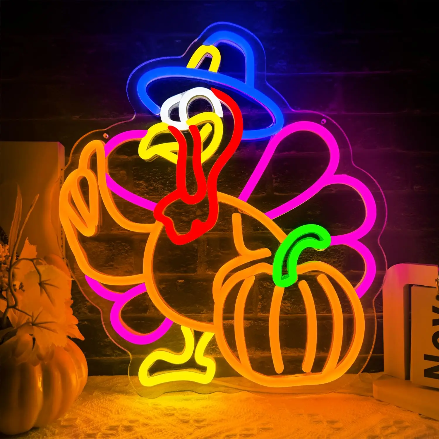 Pumpkin Turkey LED Neon Sign for Wall Decor Thanksgiving Glowing USB Powered Dimmable for Fall Harvest Home Decor Party Gift