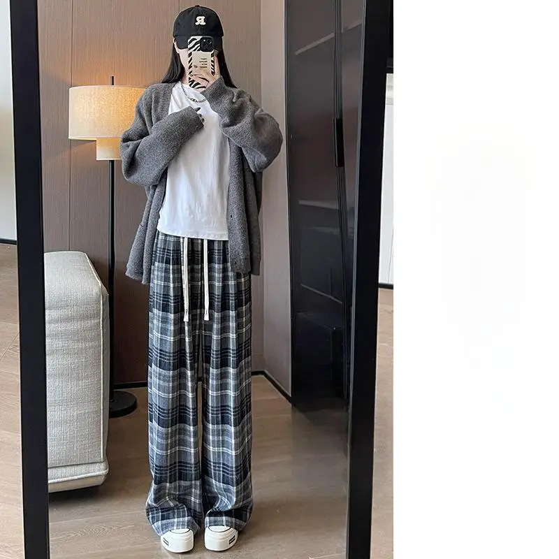 بنطال ذو قصة أرجل واسعة من الكتان للنساء للربيع Preppy Girl مناسب للكلية والشباب قابل للتنفس وأربطة مشروط مطوي وشاحات ناعمة #1