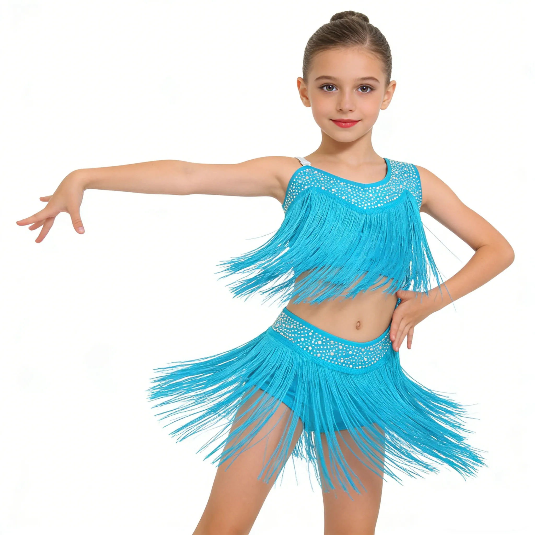 Vestido de Danza Latina para Niñas de 6 a 16 Años, Cha-Cha, Rumba, Samba, Tango, Salsa, con Pedrería Brillante, Diseño Recortado y Borlas