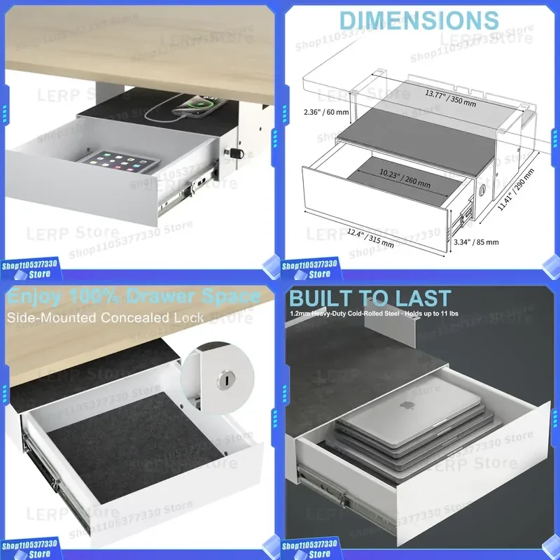 Under Desk Drawer with Lock Carbon Steel Sliding Storage Box Ball Bearing Rails for Home Office Standing Desk Organizer