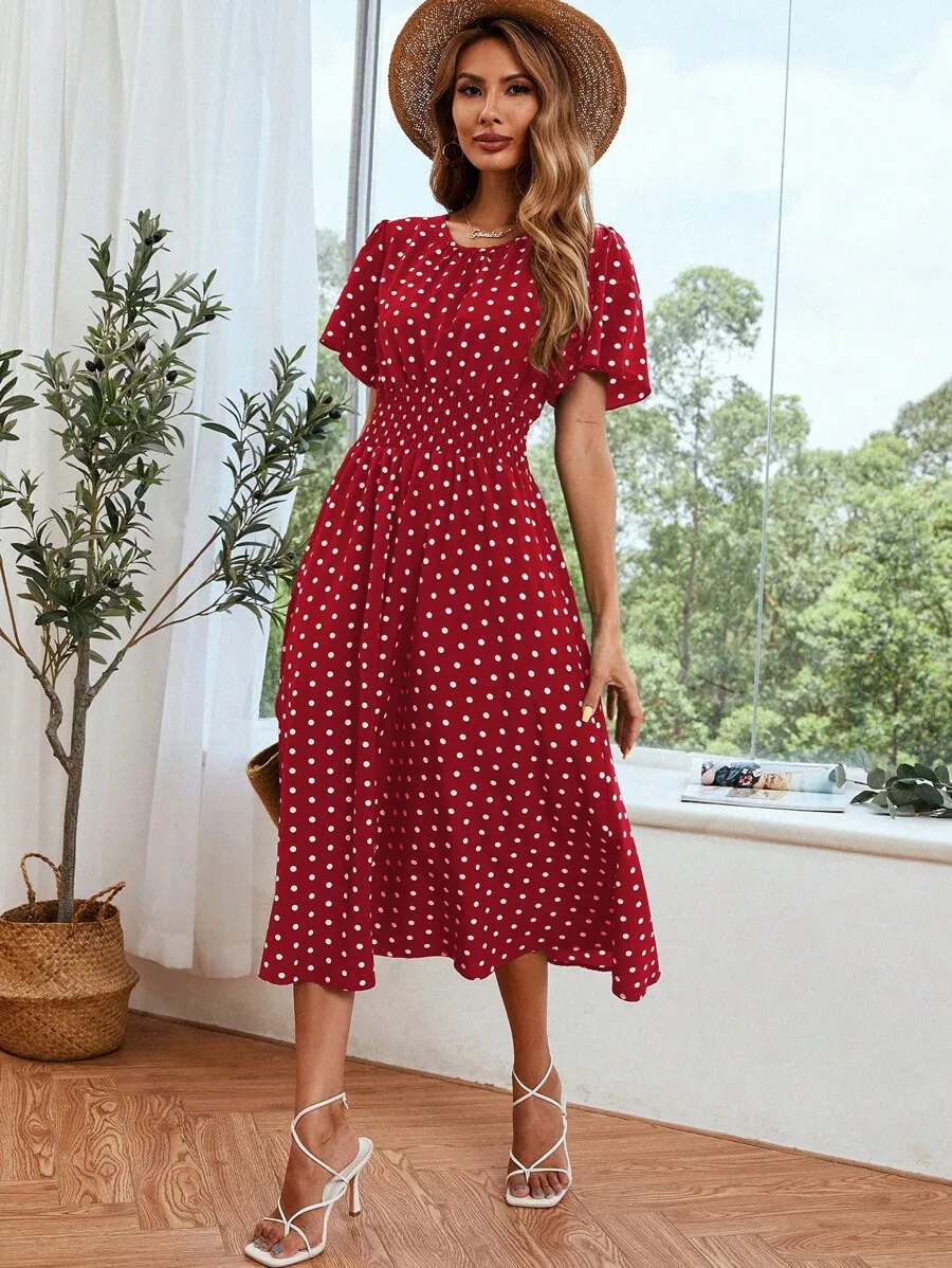 

Red Polka Dot Midi Dress with Puff Sleeves and Smocked Waist