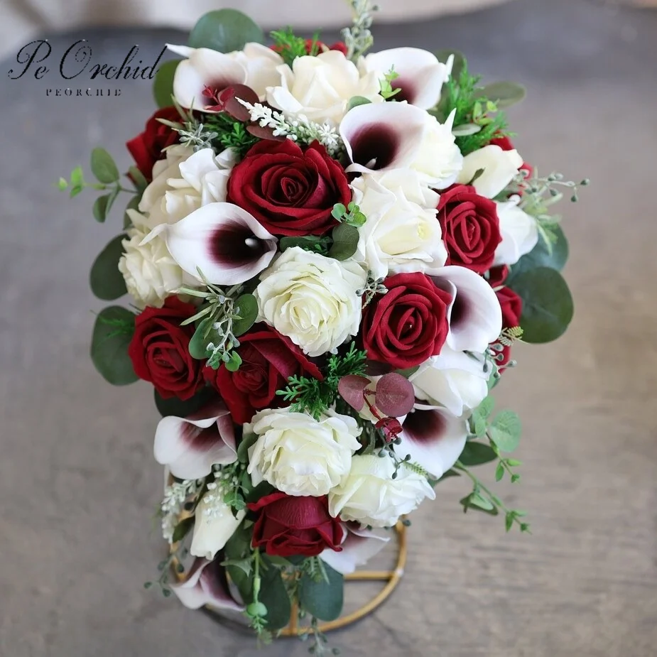 

PEORCHID Artificial Burgundy&Cream White Cascading Wedding Bouquet Rose Real Touch Calla Lily Fake Flowers Boho Bridal Bouquets