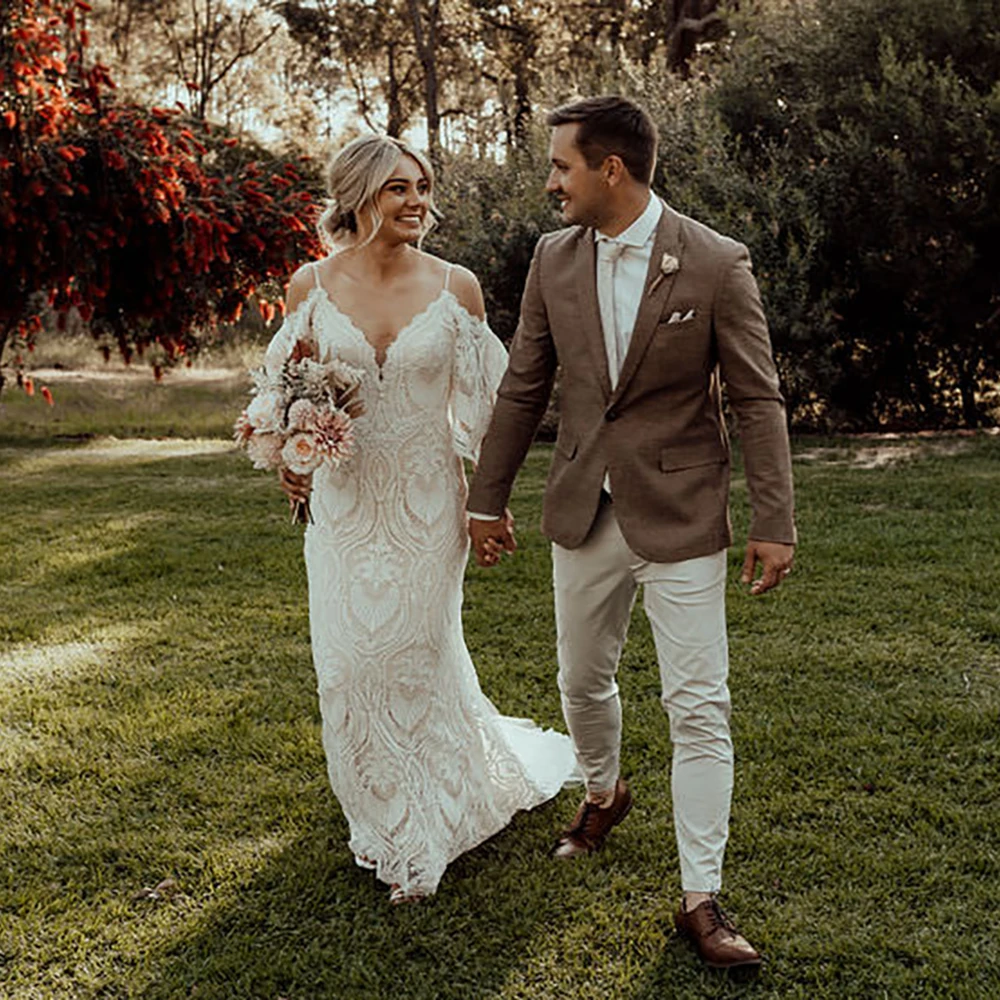 Vestido de novia rústico personalizado con recorte de sirena, encaje rústico, mangas caídas extraíbles, sin espalda, fotos reales, cuello en V, vestidos de novia desnudos