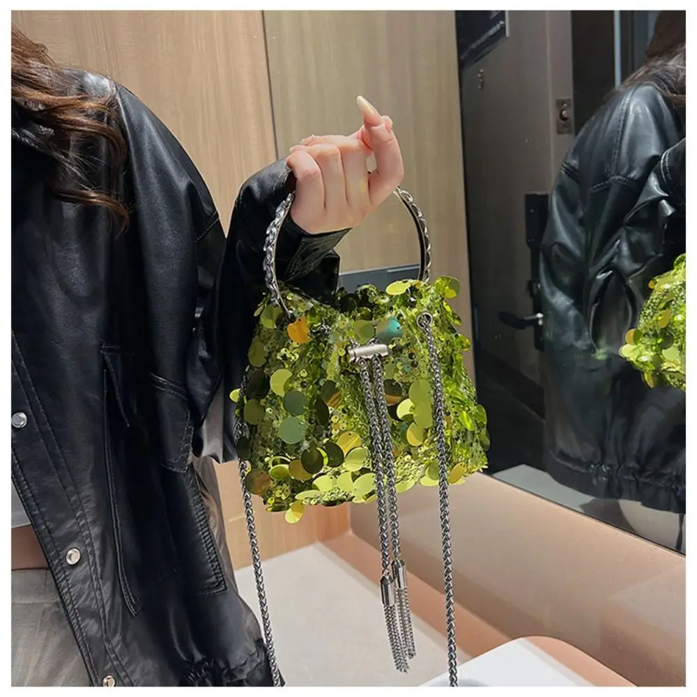 Fashion Women Sequin Shoulder Bag Mini Bucket Shiny Handbags Purses New Chain Crossbody Bags with Round Handle