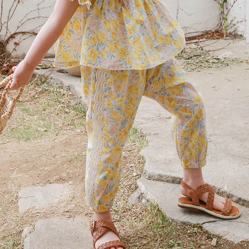 

Kids Pants Elastic Waist Summer Korea Childrens Clothing Girls Fresh Flower Leggings Printing Lace Hollowing Out 2024