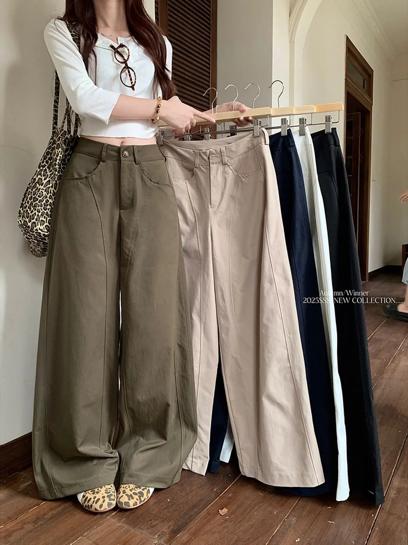 Wijde pijpen broek Y2K leer dames lente plooien tailleband club splitsen twill wasbaar verstelbaar minimalistische sjerpen chic woon-werkverkeer