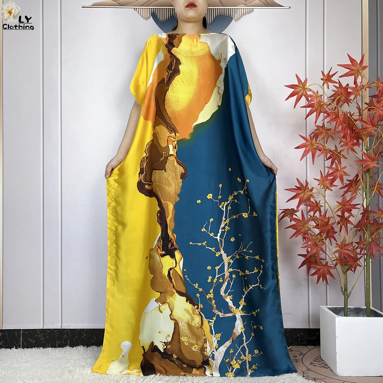 2023 African Elegant Women Maxi Summer Dress Silk Soft Fabric Printed New Dubai Femme Party Short Sleeve Loose Casual Robe Abaya