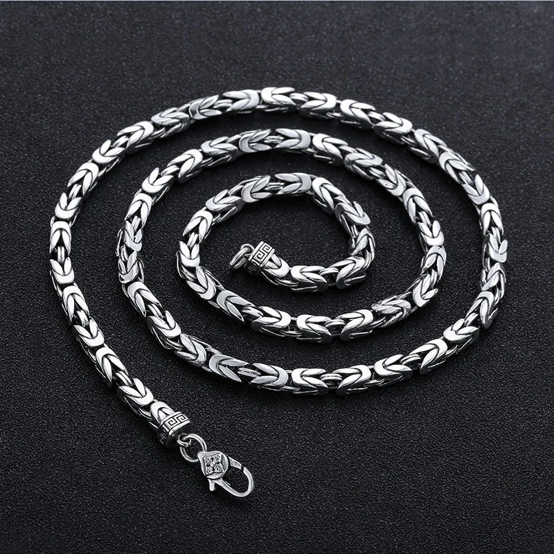 BOCAI New Real S925 Pure Silver Jewelry Accessories Retro Craft Square Weave Hemp Pattern Trend Men\'s  Necklacece