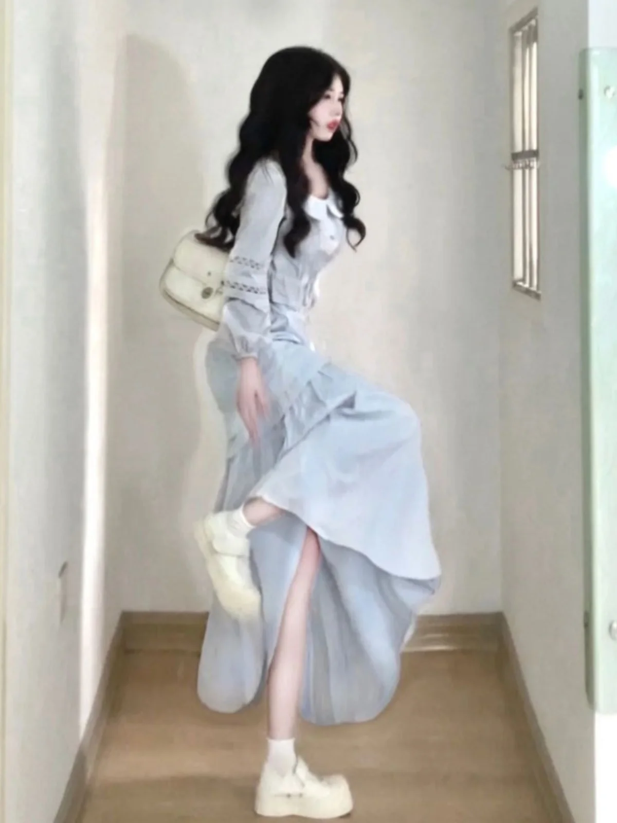 

Korean Style Doll Collar Shirt And Long Skirt Set Comfortable Cotton Material Short Sleeve Autumn Fashionable Two-Piece Set