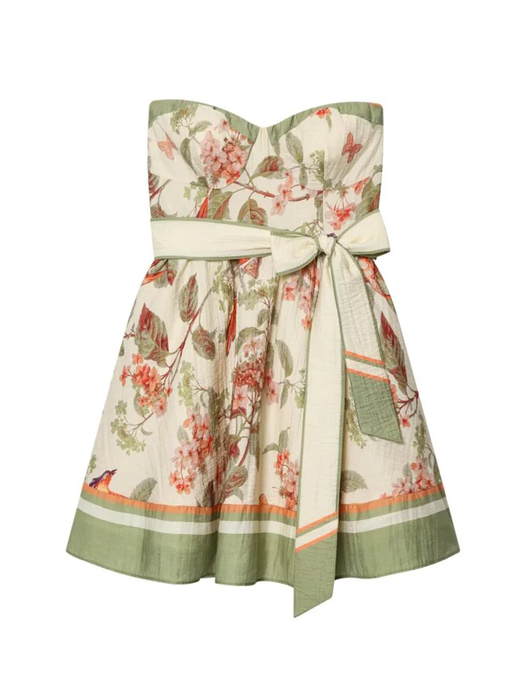 Dames mouwloze midi jurk 2026 vintage print strapless strikjes strik elegante zomer casual jurken kleding