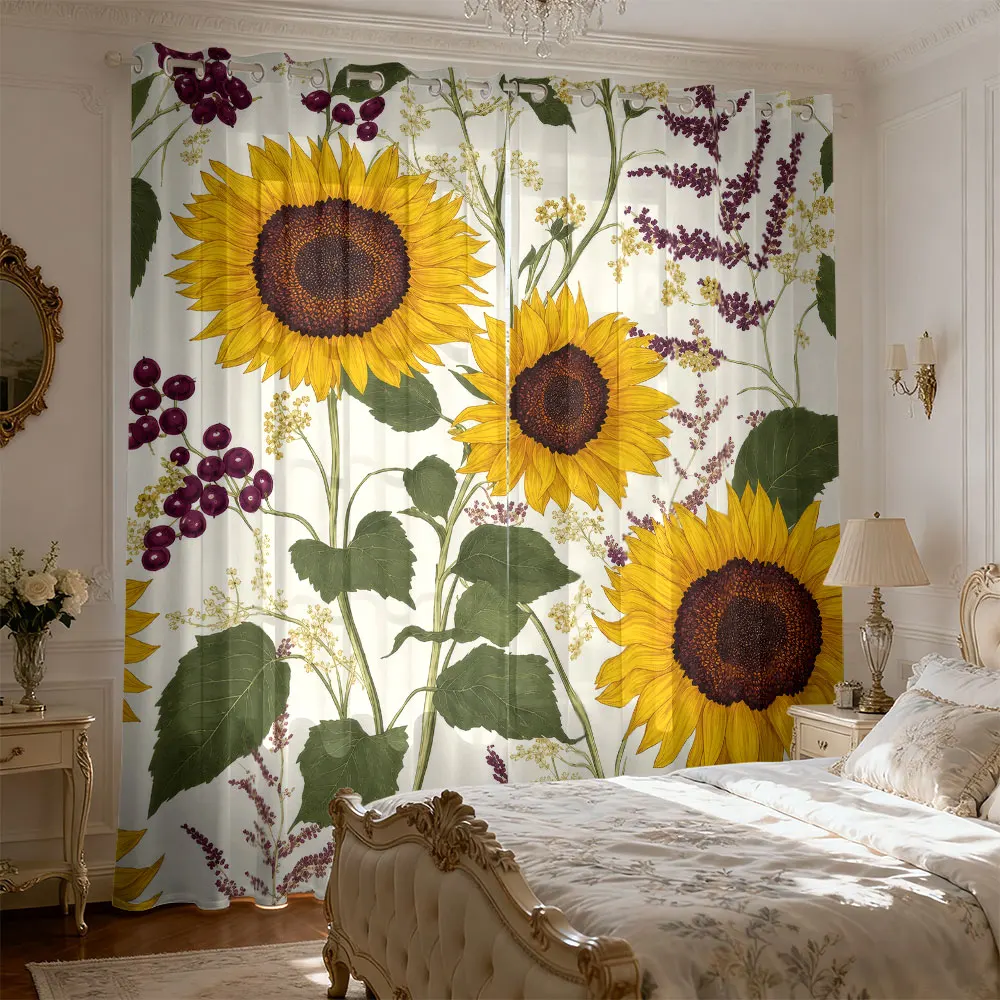 2pcs retro sunflower berry floral print curtains for living room and bedroom, used for shading and privacy decoration