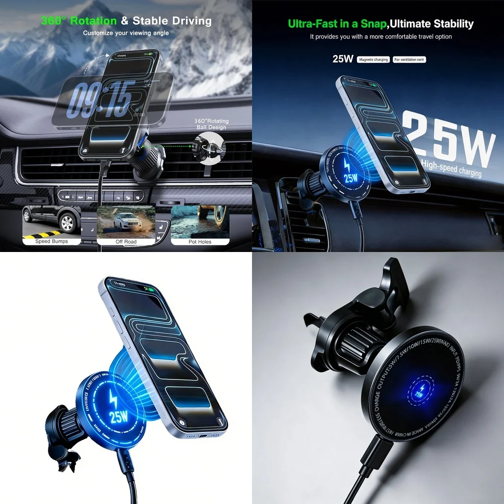Wireless Car Charger Phone Holder 25W Magnetic Air Vent 360 Rotating Ball Low Temp Charge for iPhone 17 16 Samsung S26 S25 Ultra
