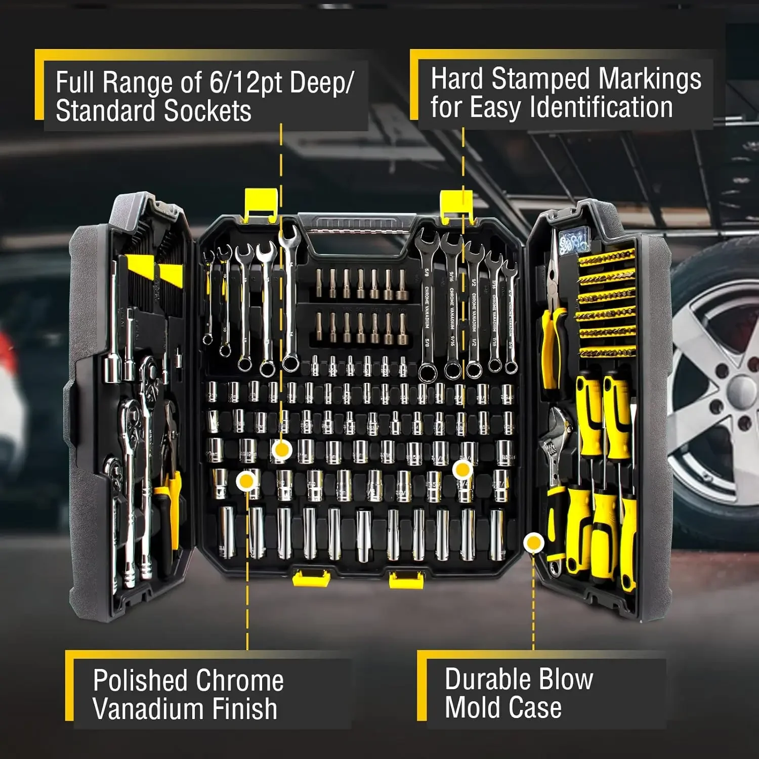 AZUNO 303 szt. Zestaw narzędzi mechanicznych, zestaw narzędzi ręcznych DIY, skrzynka narzędziowa do naprawy samochodów, wielofunkcyjny organizer z czarną walizką do przechowywania