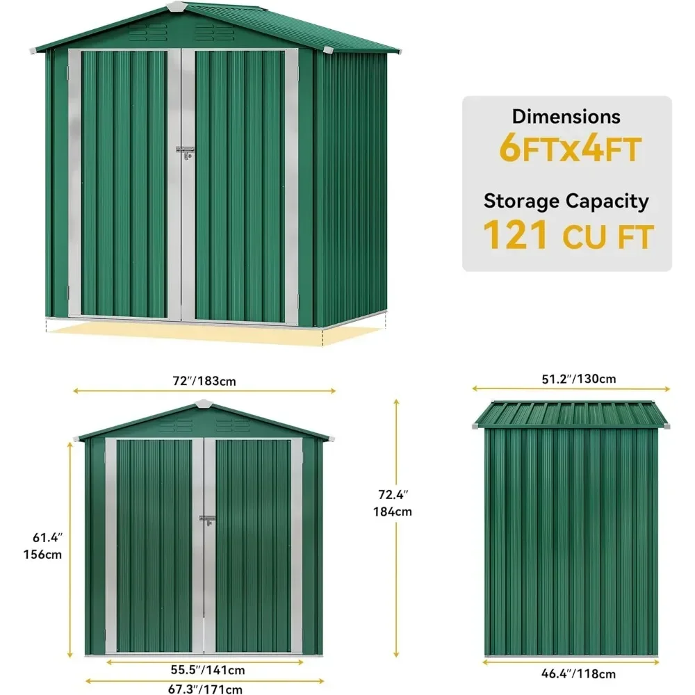 6x4ft Metal Outdoor Storage Shed with Lockable Doors & Air Vent for Backyard Patio Lawn to Store Bikes, Tools, Lawnmowers, Green