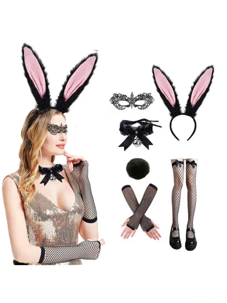

31BF Women Bunnies Costume Ear Headband,Bowtie Collar,Cuffs Tail for Easter Halloween