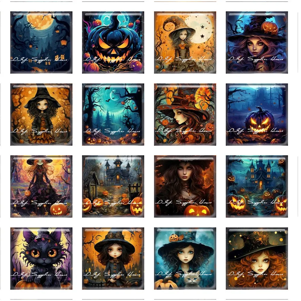 10pcs/lots Square Photo Glass Cabochon Halloween Wizard Pumpkin Charms Demo Flat Back Cameo For Diy Jewelry Making Accessories