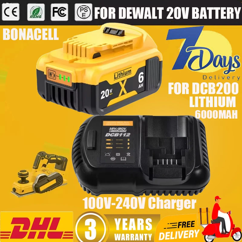 For Dewalt DCB200 Battery 20V 6000mAh Rechargeable Battery DCB207 DCB204 DCB203 Power Tool Battery For Dewalt