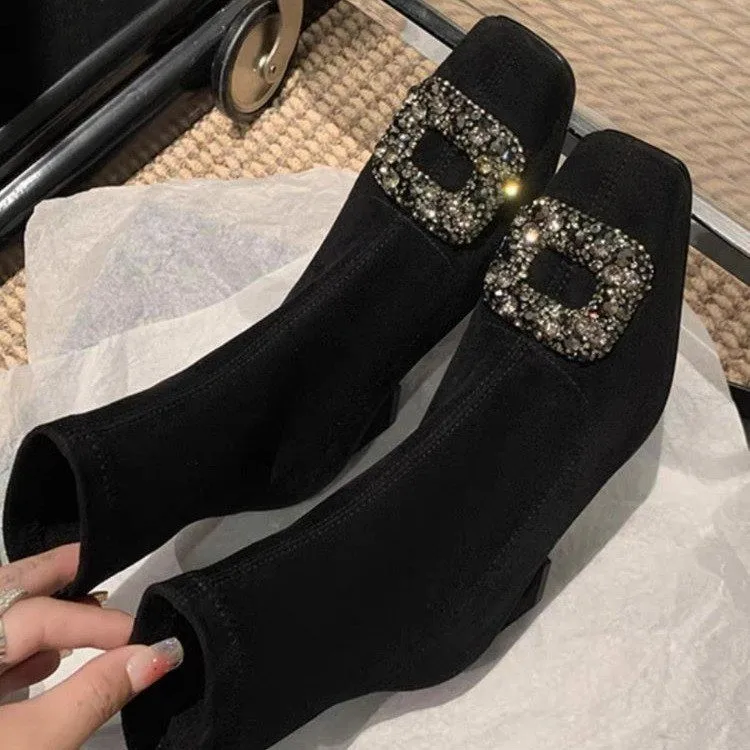 Women Crystal Luxury Ankle Boots Suede Chunky Square Toe Shoes 2024 Trend Winter New Elegant Party Pumps Hot Sale Female Botas