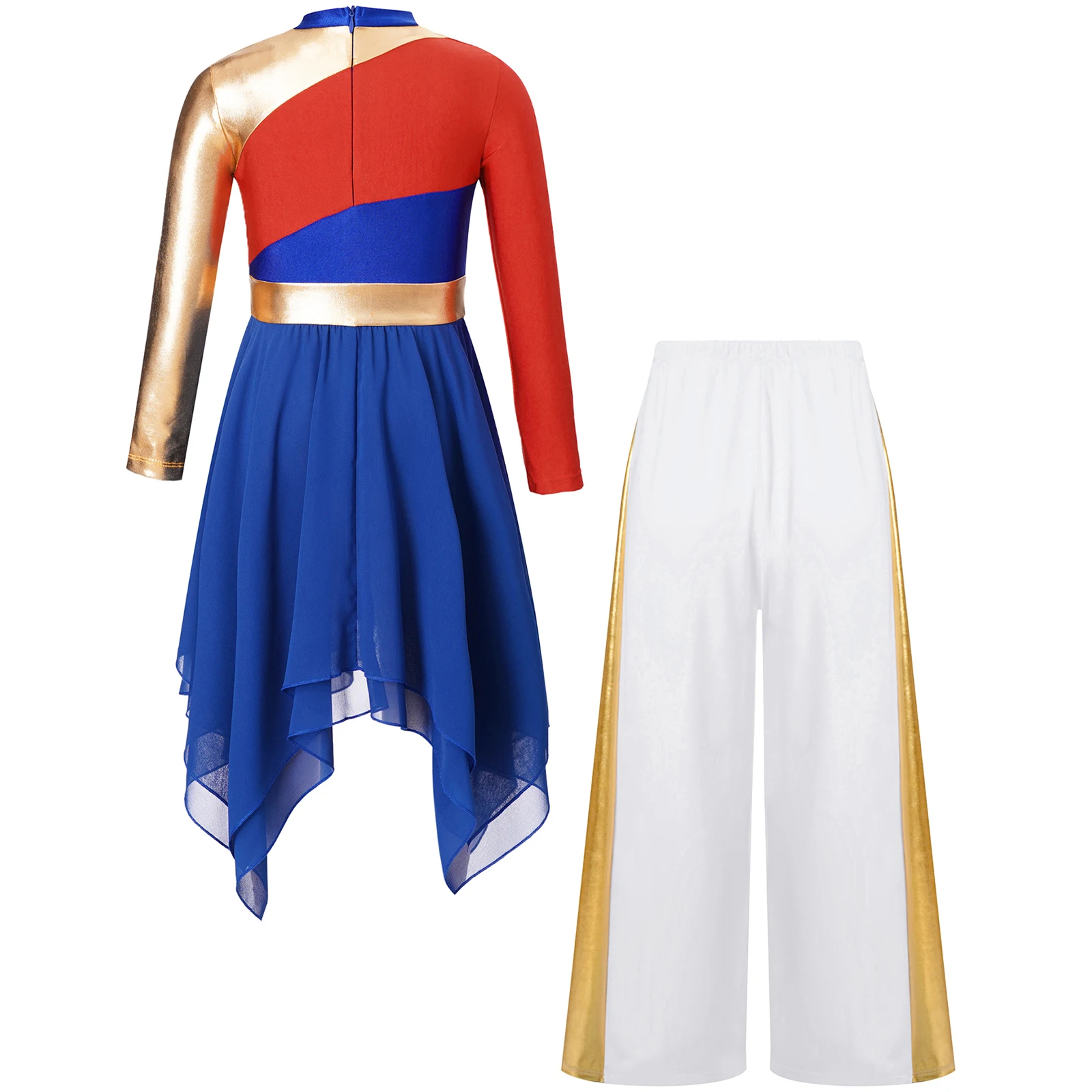 ชุดเดรสเด็กผู้หญิงแขนยาวผ้าชีฟองทรงโมเดิร์นพร้อมกางเกงขายาวทรงกว้าง สำหรับงานดนตรีประสานเสียงในโบสถ์ ชุดแสดงการสรรเสริญและบูชาพระเจ้า