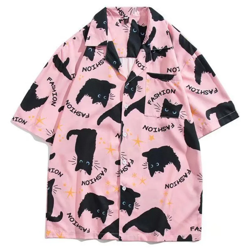 Summer Men Hawaiian Shirt Black Cat Animal 3D Printing Lapel Short Sleeve Plus Size Beach Shirts Street Fashion All-Match Tops