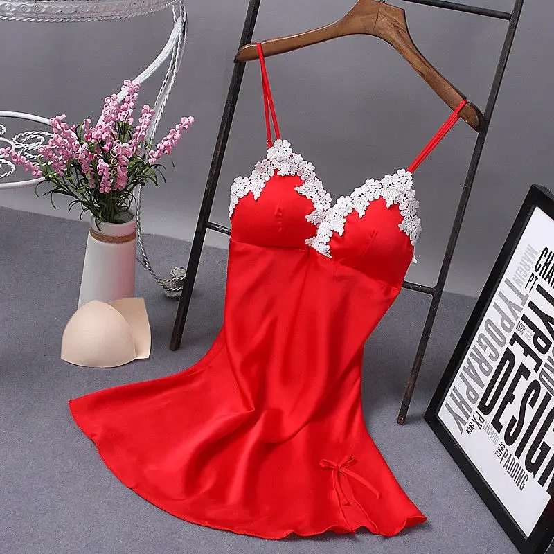 Sexy Women Silk Night Robe Lace Bow Straps Nightgown Soft Sleepwear Lightweight Home Lounge Dress for Wedding Party Daily Rest