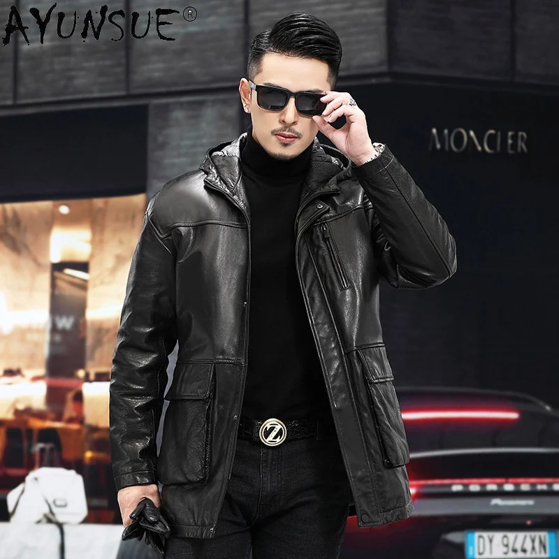 Winter Jacket Men Genuine Leather Down Jackets Man Pure Sheepskin Hooded Zipper Coats Thick Clothing Male Top Jaqueta FCY4807