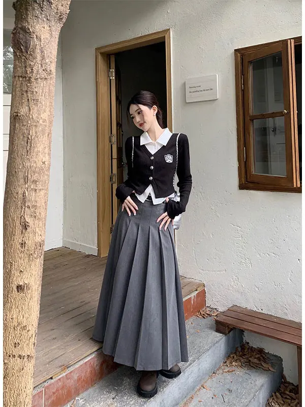 

Женский комплект с воротником и юбкой, осенний дизайн, лоскутный костюм для колледжа, костюм с юбкой, длинный свек, облегающий крой